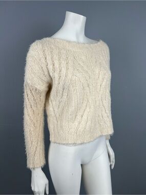 Anthropologie Cozy Cream Cropped Cable-Knit Fuzzy Sweater